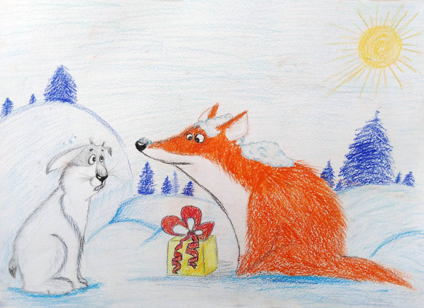 Детские рисунки зимний с казки цветными карандашами 🦊 и 🐺
